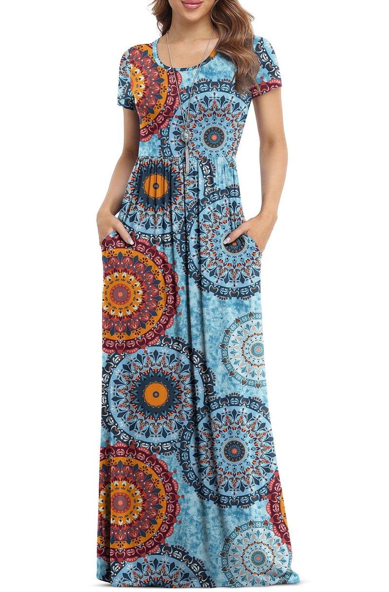 VIISHOW Women's Short Sleeve Floral Print Scoop Neck Loose Plain Maxi Dresses Casual Long Dresses with Pockets(Floral Mix Blue XL)